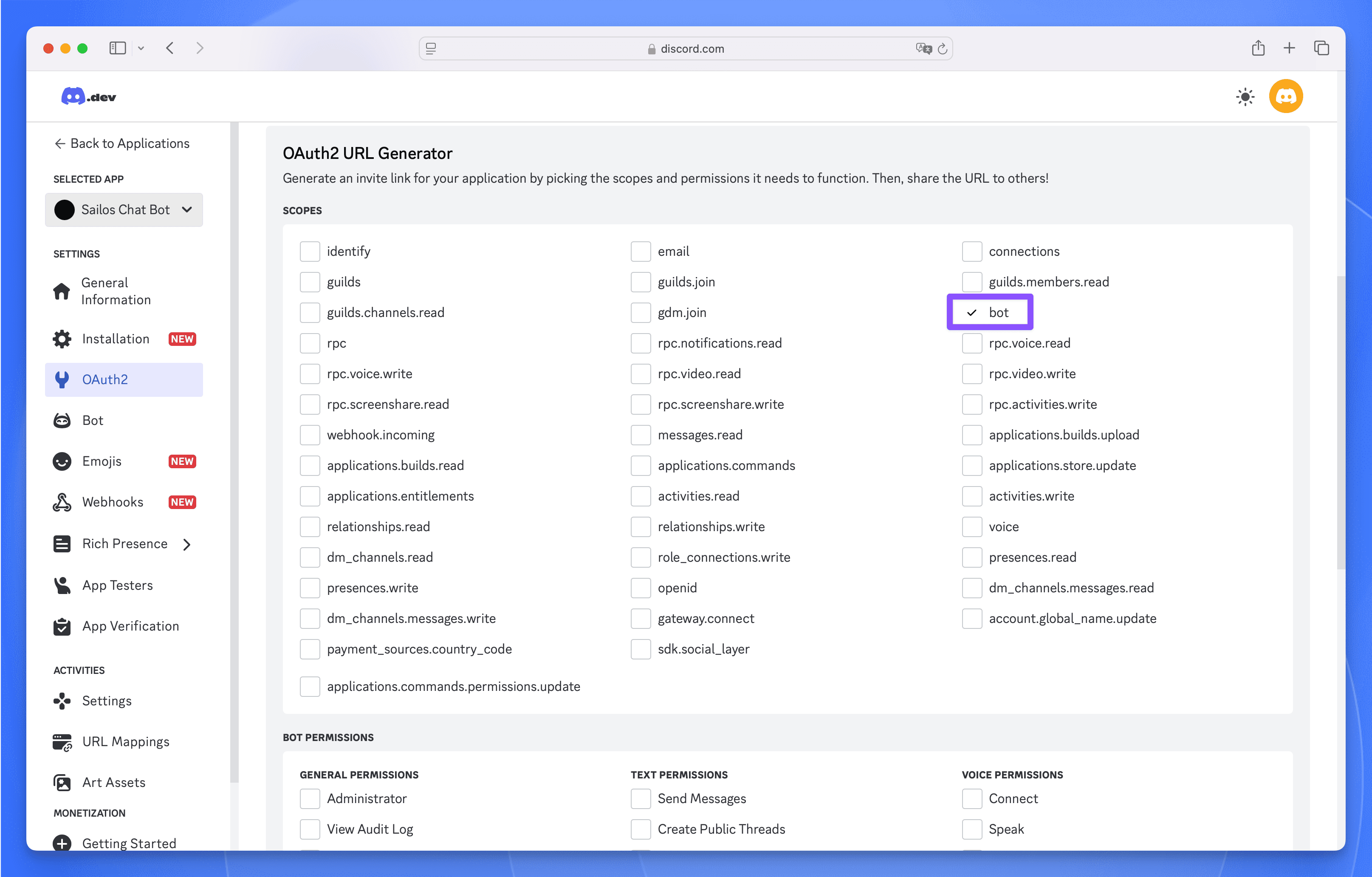 Discord Developer Portal Bot Scope